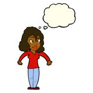 cartoon woman shrugging shoulders with thought bubble N286