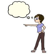 cartoon hip woman pointing with thought bubble N5