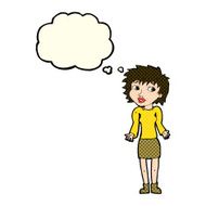 cartoon woman shrugging shoulders with thought bubble N287