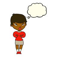 cartoon woman gesturing at self with thought bubble N17