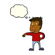 cartoon man making camp gesture with thought bubble N18