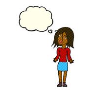 cartoon woman shrugging shoulders with thought bubble N288