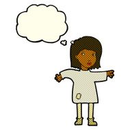 cartoon woman in patched clothing with thought bubble N6