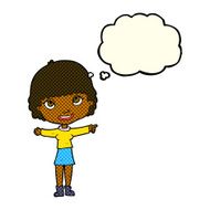cartoon happy woman pointing with thought bubble N41