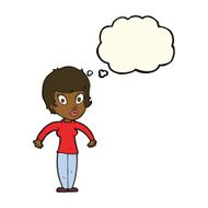 cartoon woman shrugging shoulders with thought bubble N289