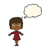 cartoon girl shrugging shoulders with thought bubble N19