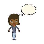 cartoon girl shrugging shoulders with thought bubble N20