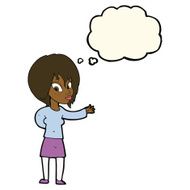 cartoon woman making welcome gesture with thought bubble N7