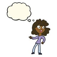 cartoon worried woman pointing with thought bubble N7