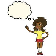 cartoon pretty woman waving for attention with thought bubble N7