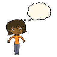 cartoon woman shrugging with thought bubble N36