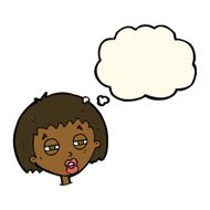cartoon woman narrowing eyes with thought bubble N7