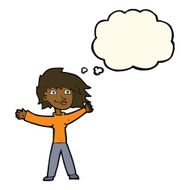 cartoon excited woman waving with thought bubble N7