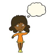 cartoon friendly woman waving with thought bubble N30