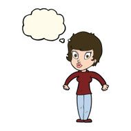 cartoon woman shrugging shoulders with thought bubble N290