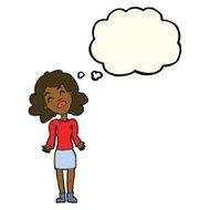 cartoon woman shrugging shoulders with thought bubble N291