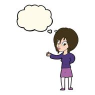 cartoon woman making welcome gesture with thought bubble N8