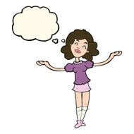cartoon woman taking praise with thought bubble N7