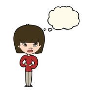 cartoon woman gesturing at herself with thought bubble N8