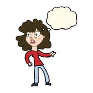 cartoon worried woman pointing with thought bubble N8