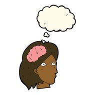 cartoon female head with brain symbol thought bubble N13