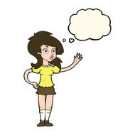 cartoon pretty woman waving for attention with thought bubble N8