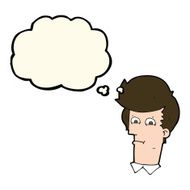 cartoon man narrowing eyes with thought bubble N25