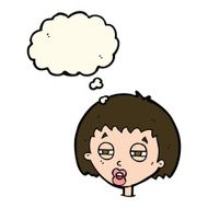 cartoon woman narrowing eyes with thought bubble N8