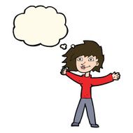 cartoon excited woman waving with thought bubble N8