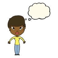 cartoon woman shrugging shoulders with thought bubble N294