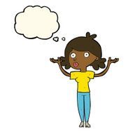 cartoon woman throwing arms in air with thought bubble N7