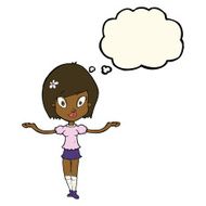 cartoon woman making balancing gesture with thought bubble N7