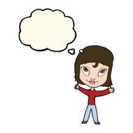 cartoon happy woman waving arms with thought bubble N8