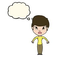 cartoon woman shrugging shoulders with thought bubble N296