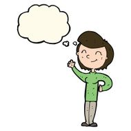 cartoon friendly waving woman with thought bubble N8