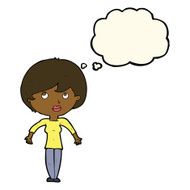 cartoon woman shrugging shoulders with thought bubble N297