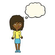 cartoon woman shrugging shoulders with thought bubble N299
