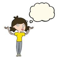 cartoon woman throwing arms in air with thought bubble N8