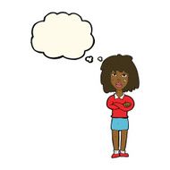 cartoon tough woman with folded arms thought bubble N7