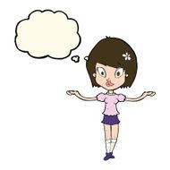 cartoon woman making balancing gesture with thought bubble N8