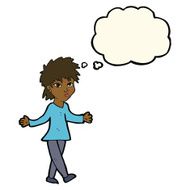 cartoon woman shrugging shoulders with thought bubble N300