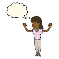 cartoon woman throwing hands in air with thought bubble N7
