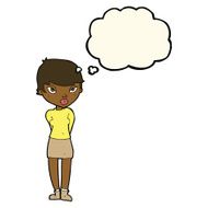 cartoon shy woman with thought bubble N29