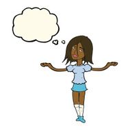 cartoon woman shrugging shoulders with thought bubble N302