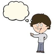 cartoon boy laughing and pointing with thought bubble N7