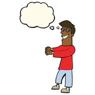 cartoon grinning man wearing glasses with thought bubble N7