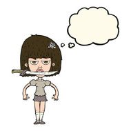 cartoon woman with knife between teeth thought bubble N25