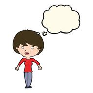 cartoon woman shrugging shoulders with thought bubble N303