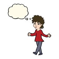 cartoon woman shrugging shoulders with thought bubble N306