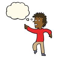cartoon happy man pointing with thought bubble N36